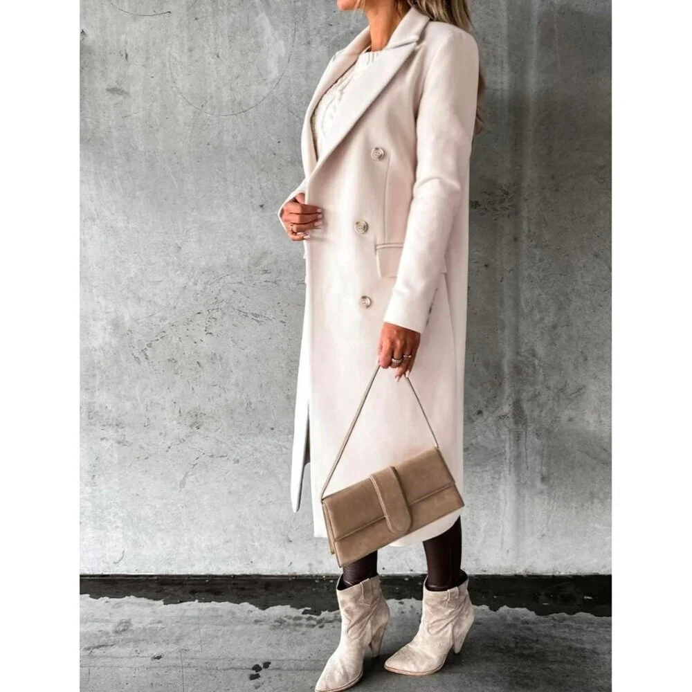 Womens Beige Long Wool Coat Double Breasted Trench Coat Fall Winter Clothes - Picture 3 of 4